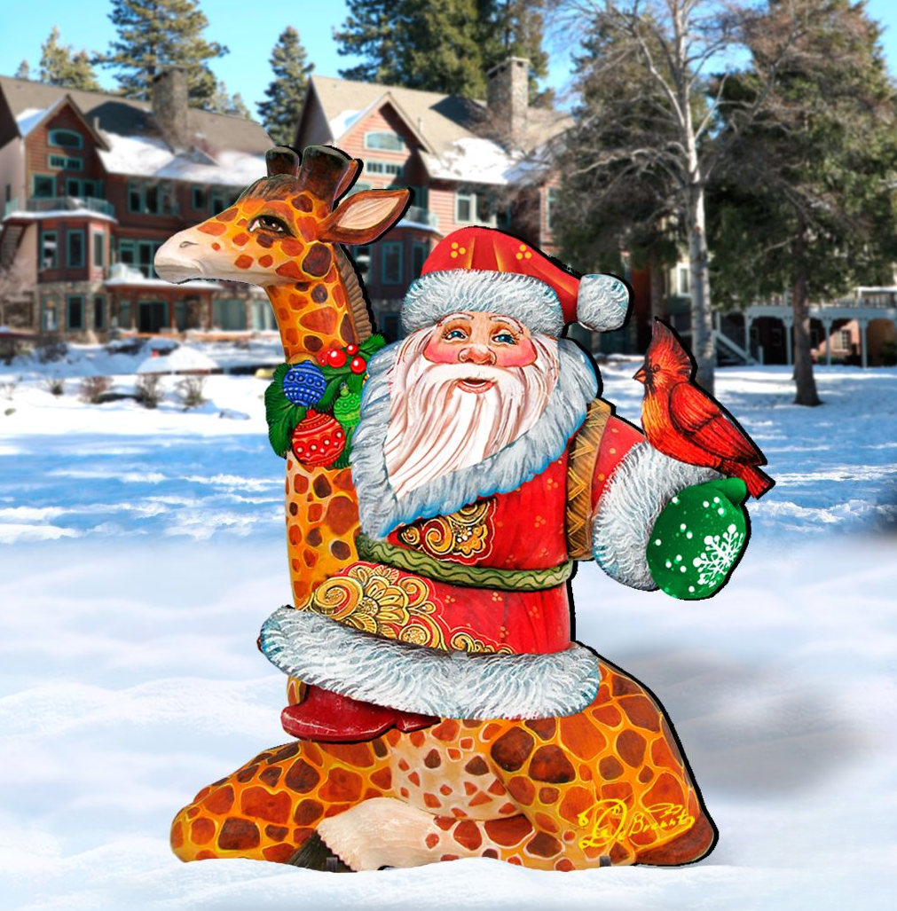 Santa On Giraffe Outdoor Scene by G. DeBrekht - Christmas Santa Snowman Décor - 8111360F