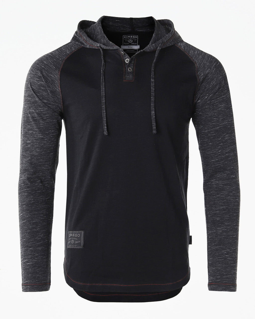 ZIMEGO Long Sleeve Raglan Henley Round Bottom Hood T-Shirts - BLACK / BLACK