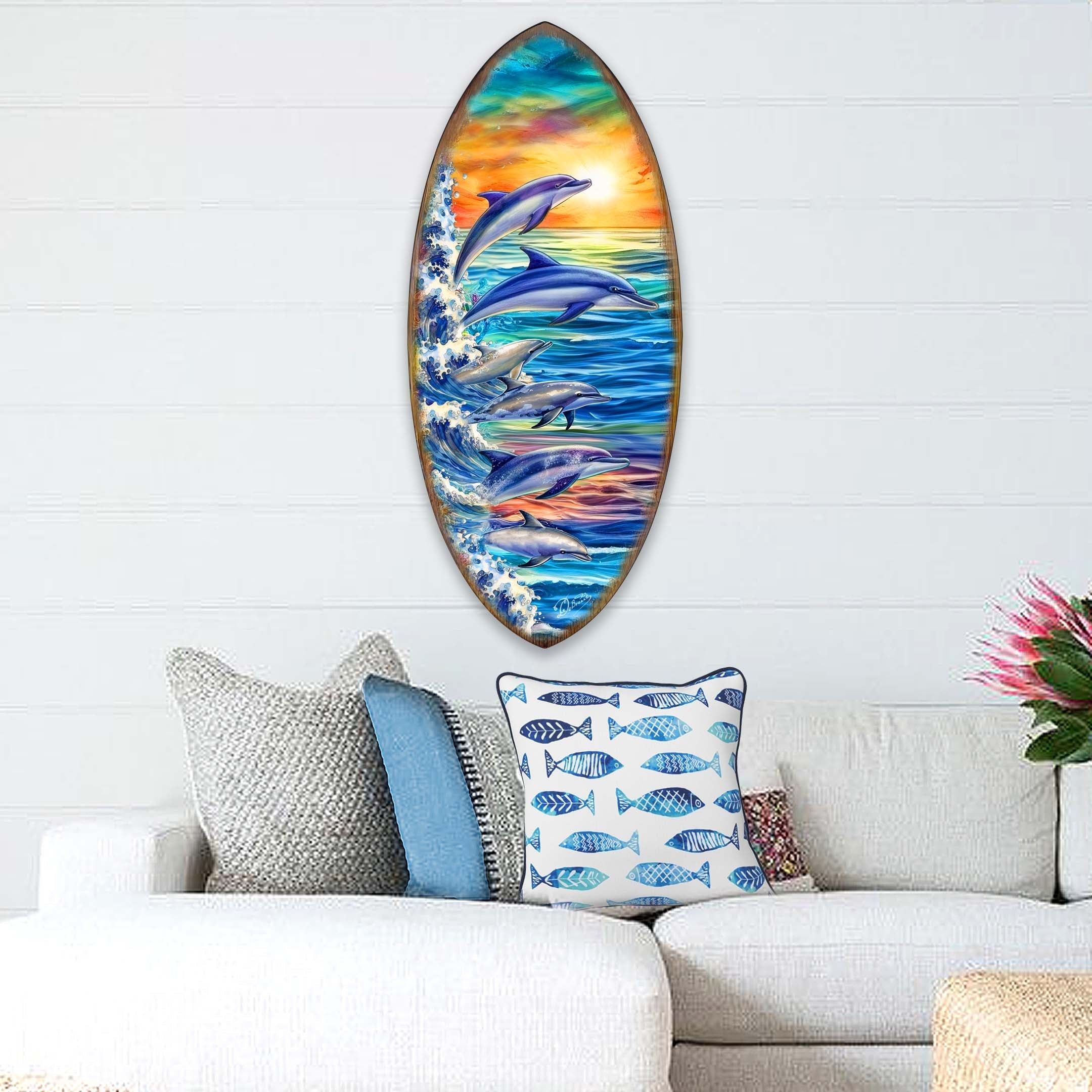 Dolphins Surfboard Coastal Wall Art by G. DeBrekht - Coastal Holiday Decor - 8490129HS