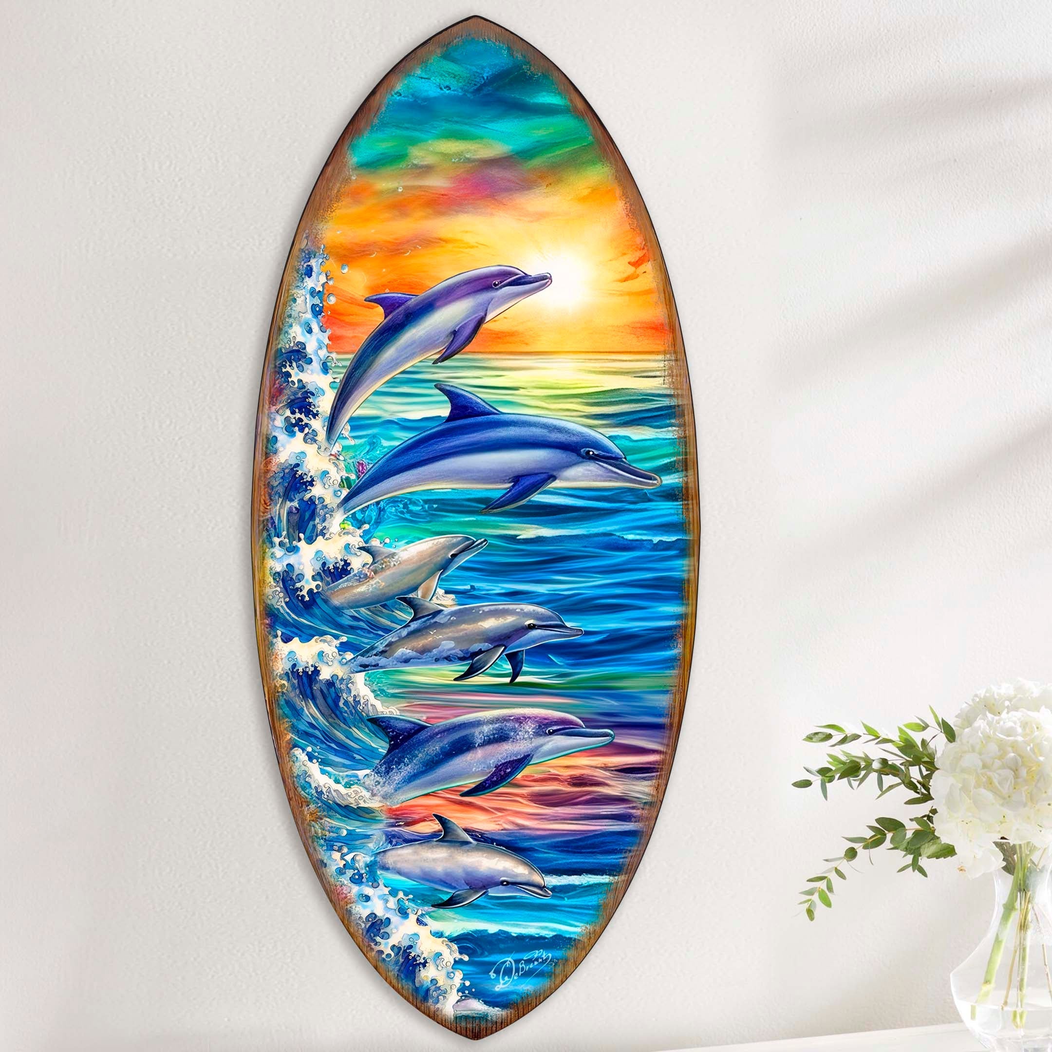 Dolphins Surfboard Coastal Wall Art by G. DeBrekht - Coastal Holiday Decor - 8490129HS